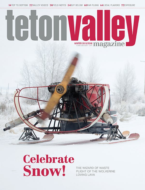 Cover of Teton Valley Magazine's Winter 2015 2016 issue with a Snow Plane in Driggs, Idaho.