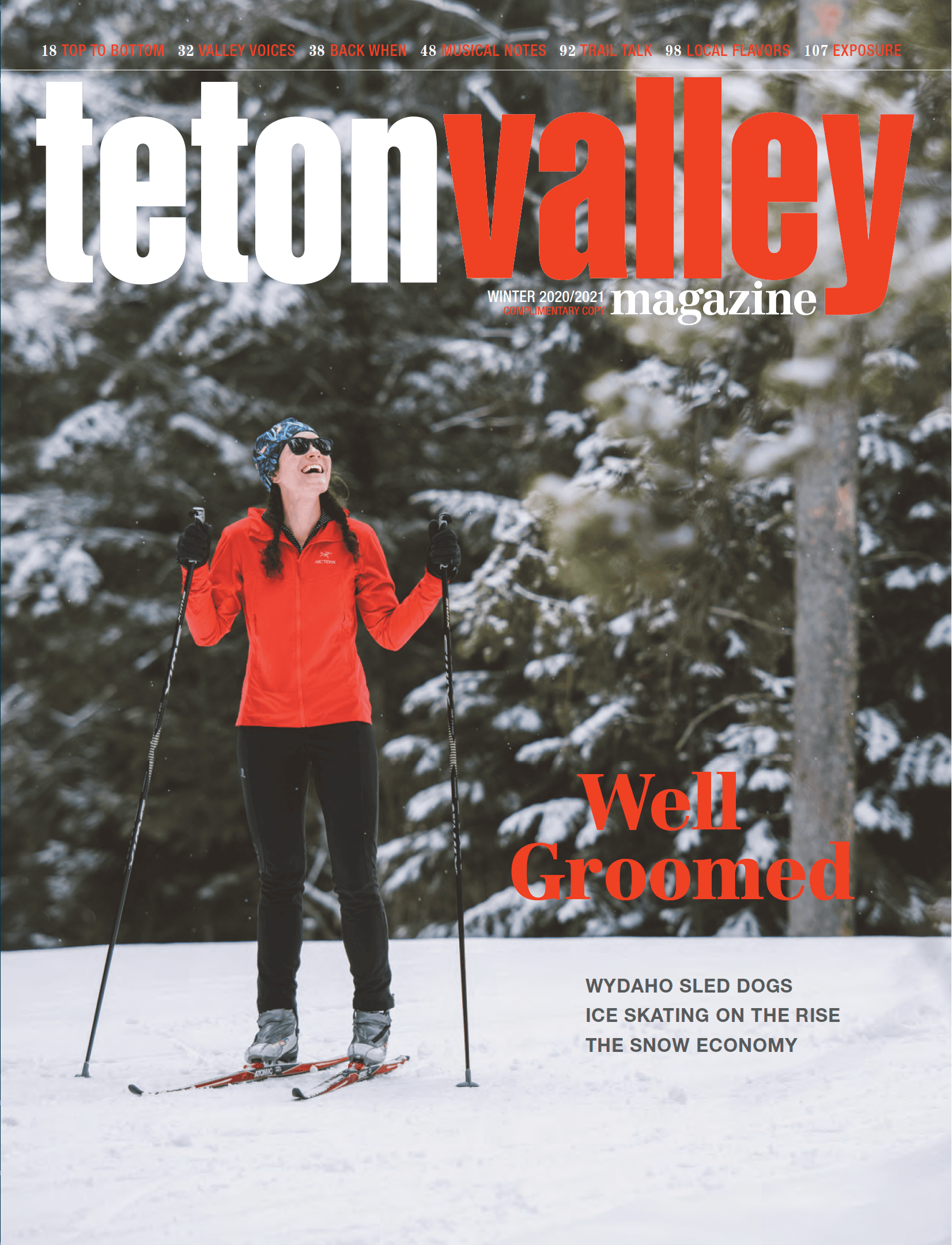 Cover of the Winter 2020/2021 issue of Teton Valley Magazine with Sarah skate skiing.
