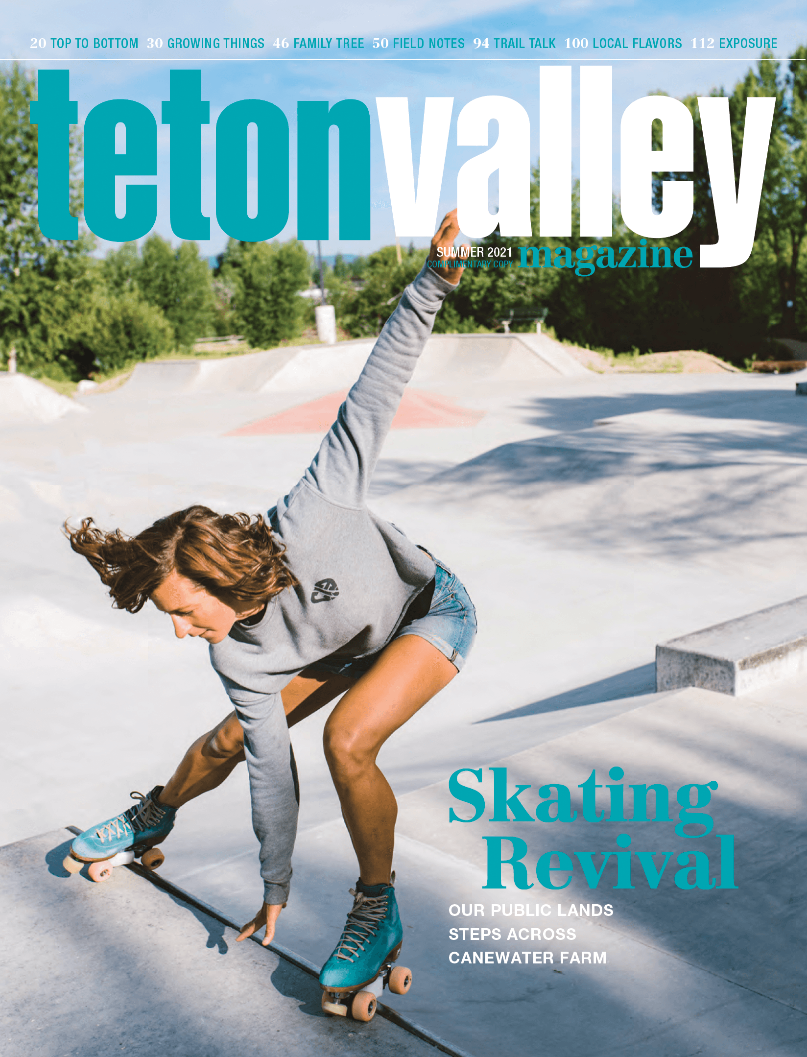 Summer 2021 Cover of Teton Valley Magazine with woman roller skating.
